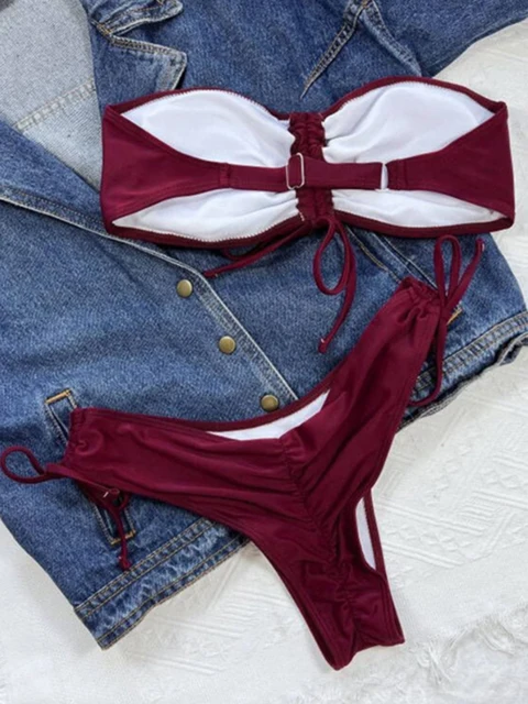 Maillot de bain femme 2 pièces, uni, froncé, proximité, string, Bikini – Image 4