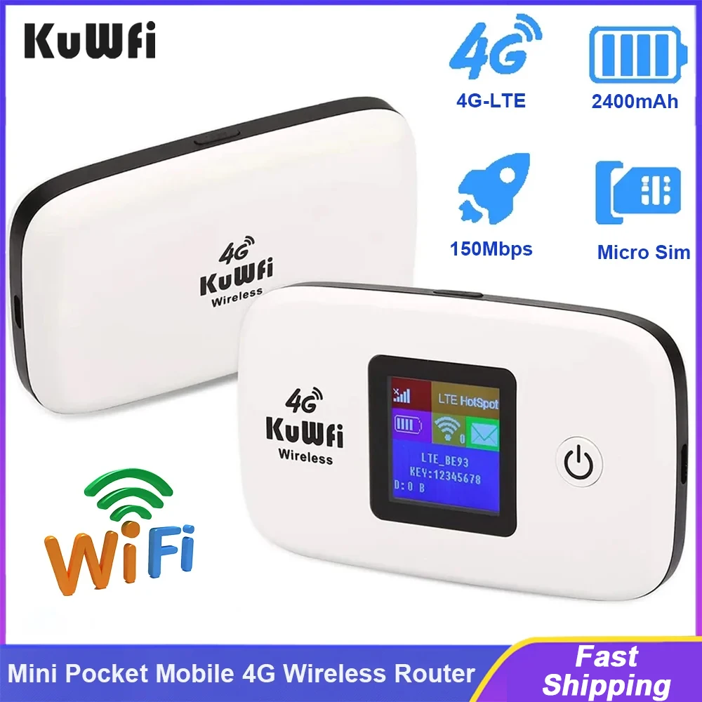 Kuwfi 4G Lte Router 150Mbps Mobile 4G Router Wireless Wi-Fi Hotspot Protable Pocket Travel Router Display Lcd Batteria 2400Mah