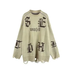 Sweaters American Vintage Gothic Letter Shoulder Zipper Sweaters Men and Women's Couple Oversize Knitwear Pullover