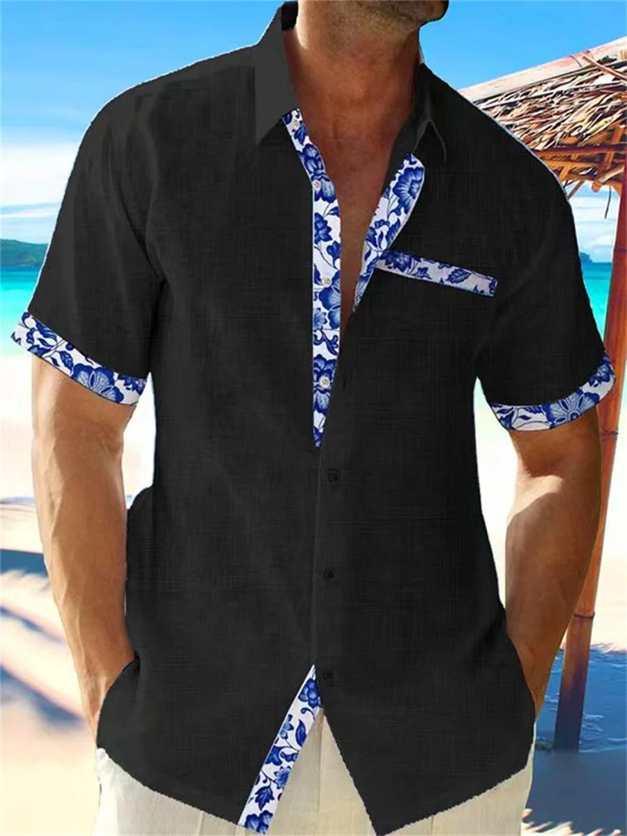 Black linen shirt fashion men’s Hawaiian shirt casual solid color beach short sleeve plus size coat 7 color summer S-5XL 2023