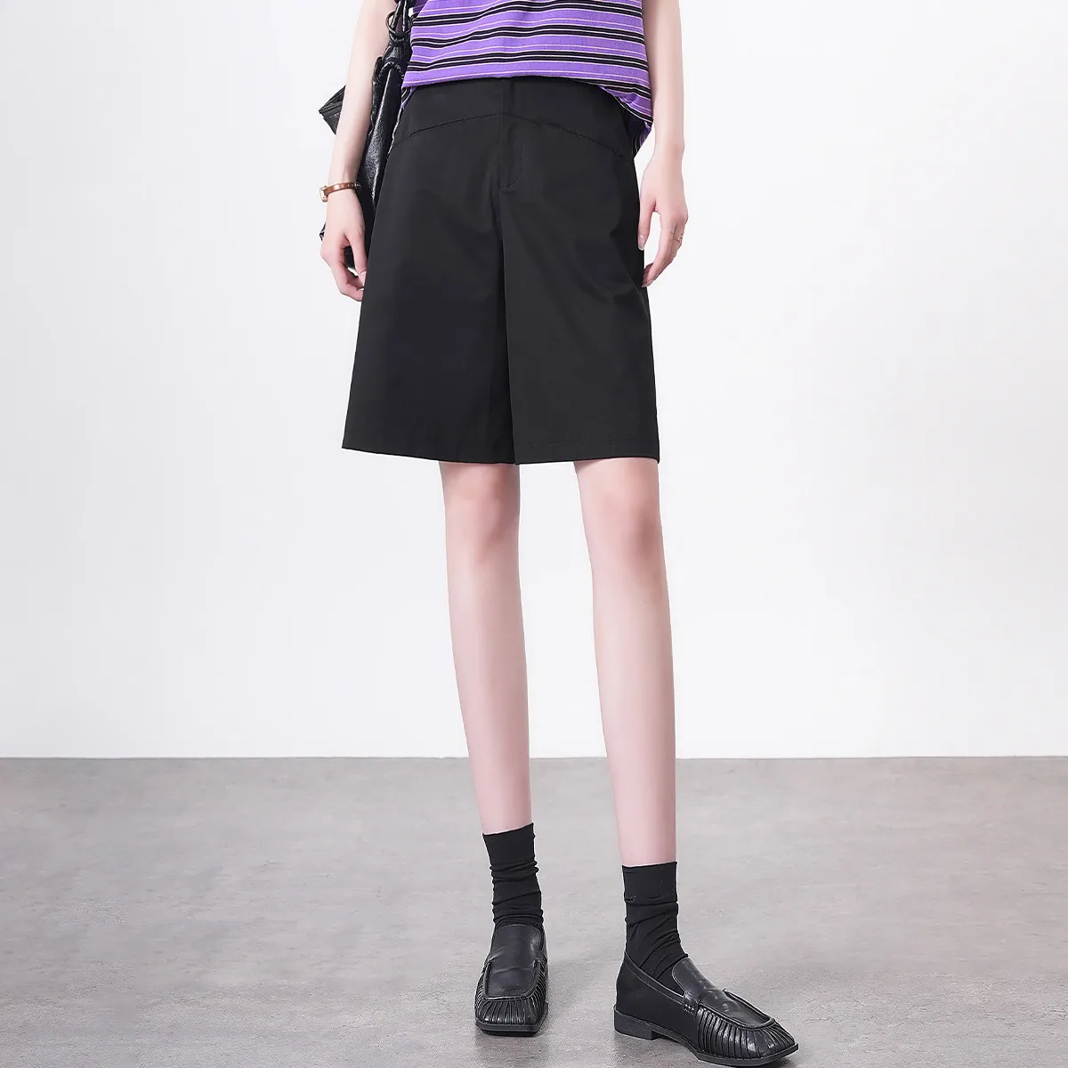 LOUIS YAO Short Pants 100% Cotton Casual Basic Short Trousers High Waist Wide Leg Pants Solid Color Summer Pants