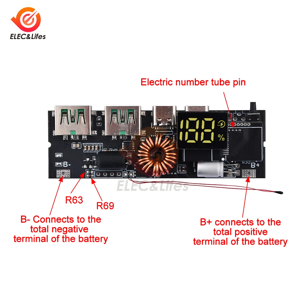 QC4.0 QC3.0 LED Dual USB PD Fast Charge 5A 100W Mobile Power Bank 18650 Charging Module Temperature Protection Micro/Type-C USB lithium battery charger