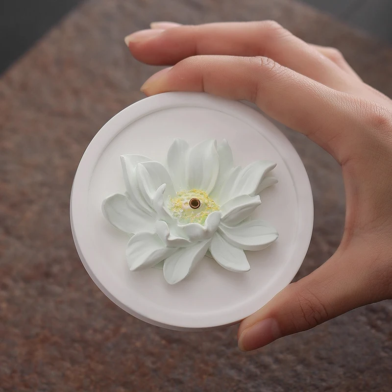 Gypsum Lotus Flower Fragrance Base Ornaments, Home Indoor Zen Tea Ceremony Decor, Chinese Style Small Incense Burner Holder, 1Pc