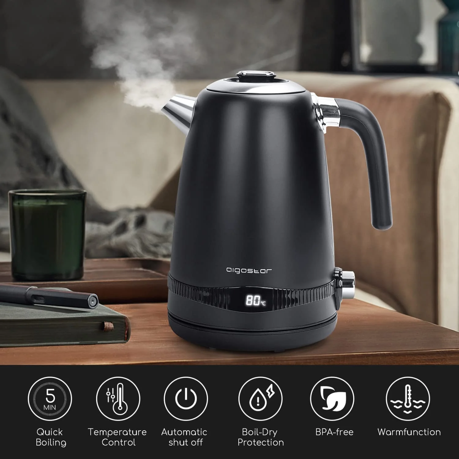 Aigostar Electric Kettle Temperature Control and Coffee Grinder Electric,  160W Detachable Coffee Bean and Spice Grinders, Stainless Steel Blade 