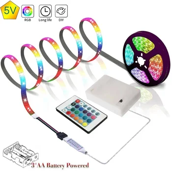 3AA 배터리 LED 스트립 조명 방수 LED 조명, 유연한 RGB 5V 조명, 원격 컨트롤러 리본 램프 백라이트 야간 조명