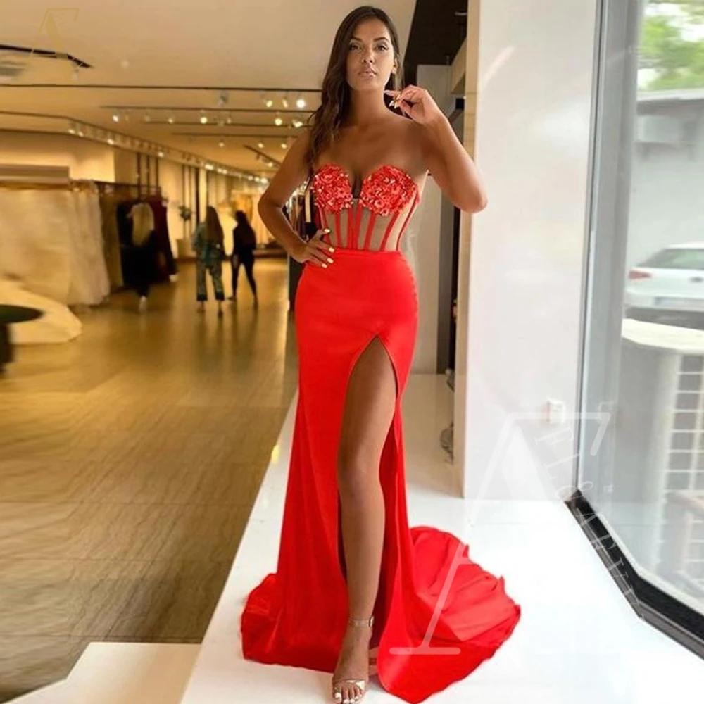 

Red Satin Bridesmaid Dresses Elegant Gowns Sweetheart Party Dress for Wedding Guest Dress 2024 Side Split Weddings Evening Woman