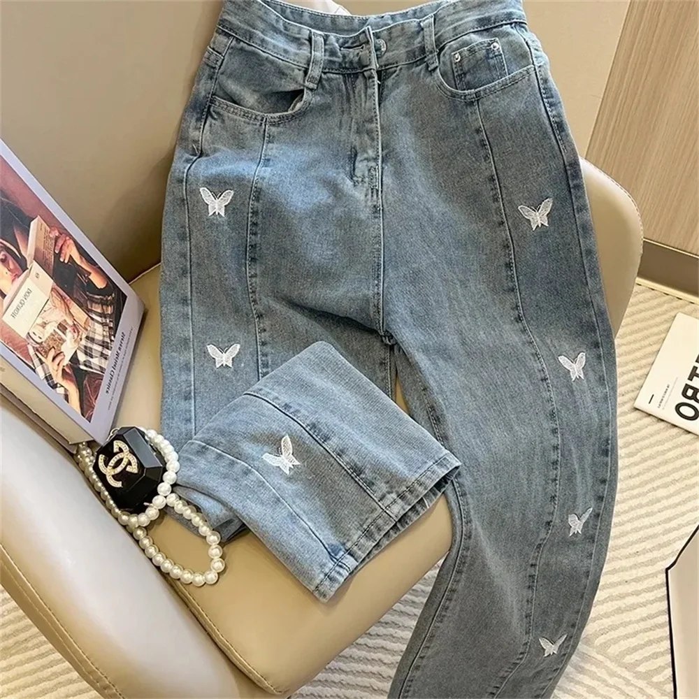 

Женские шикарные широкие брюки с вышивкой бабочки, милые джинсовые брюки с высокой талией, женская уличная одежда, прямые джинсы, модные брюки