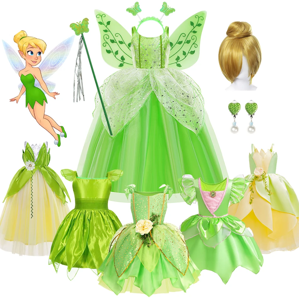 

Disney Girls Tinker Bell Dress Halloween Costume Kids Green Tinkerbell Fancy Fairy Princess Cosplay Party Carnival Dress