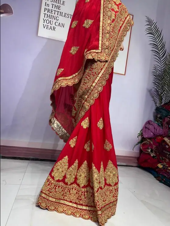 

India Sari Women Dress Red Tradition Embroidery Saree New