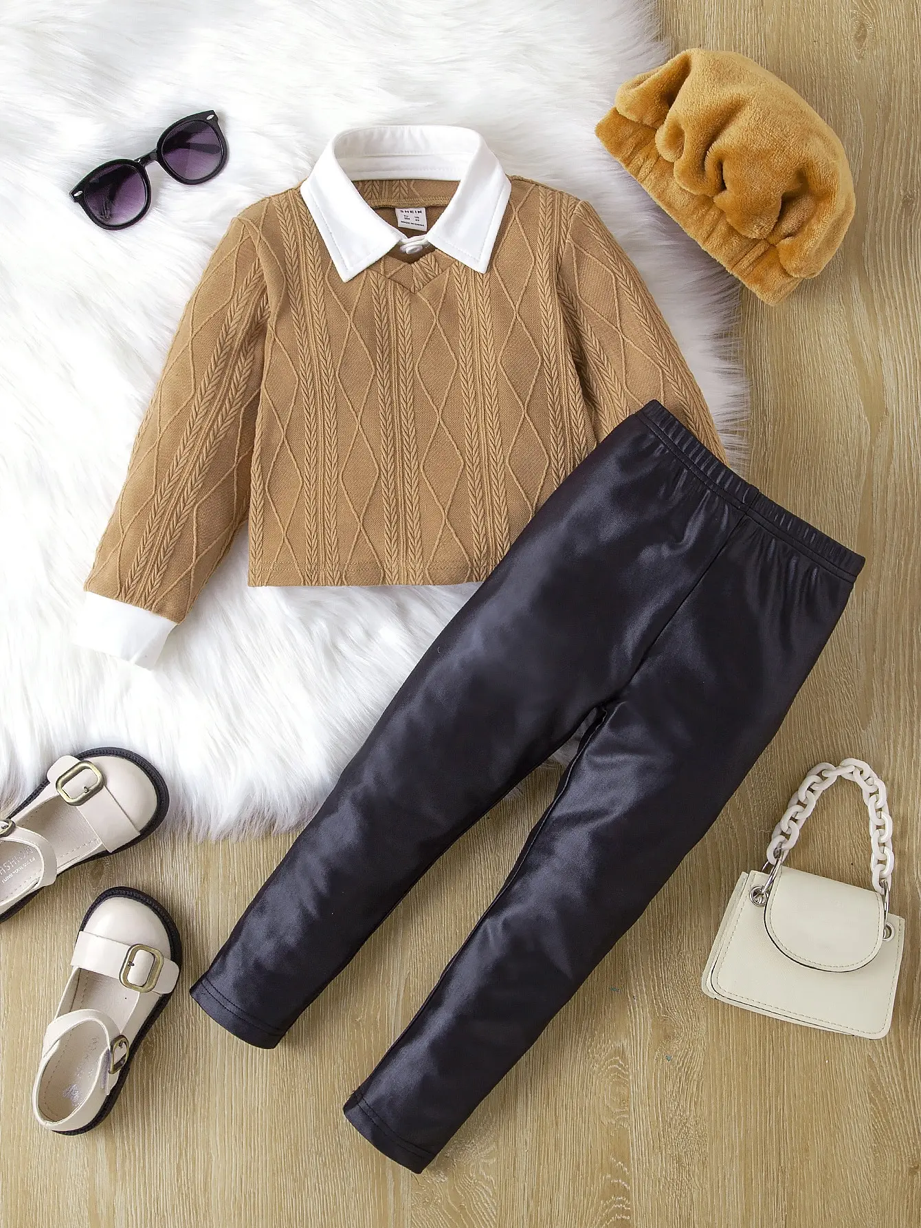 

Children's Set Long Sleeve Leather Pants Two Piece Set for Boys and Girls Single Color Simple Set for Children's Unisex Style