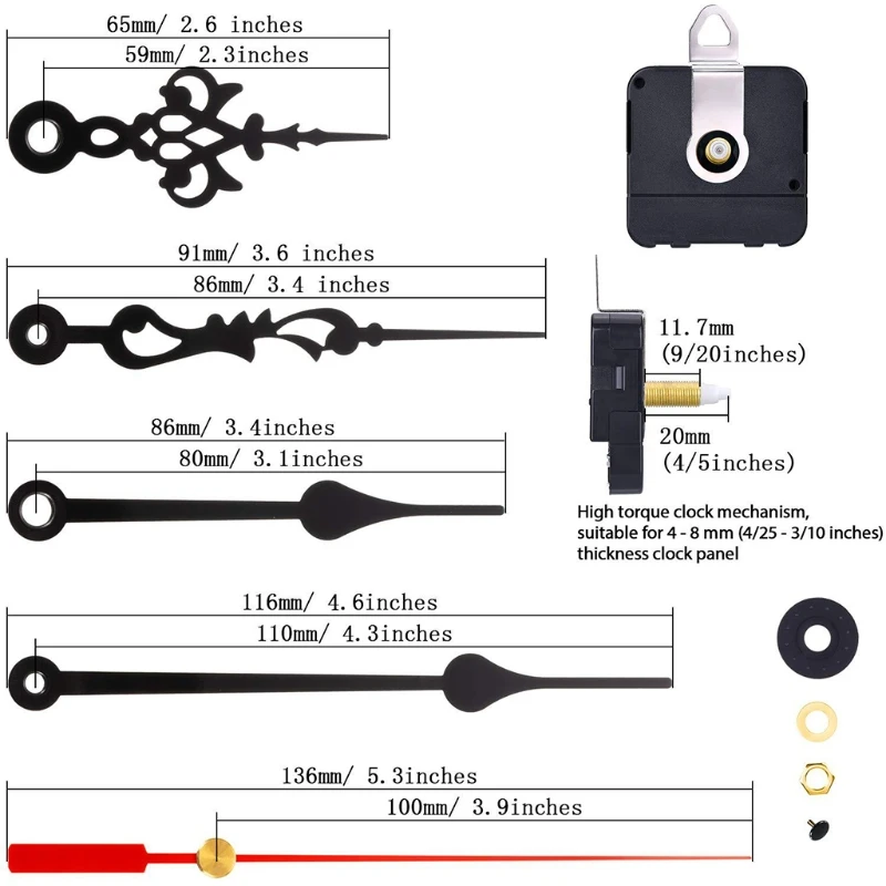 Long Shaft  Clock Movement Mechanism with 2 Pairs of Hands Sets for  Wall Clock  Repair Parts Replacement 6