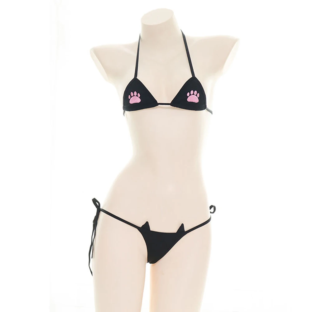 

Women Cute Underwear Bikini Set Three-point Lace-up Lingerie Low Waist Thong Panties Bra Mini Swimwear Cosplay Swimsuit
