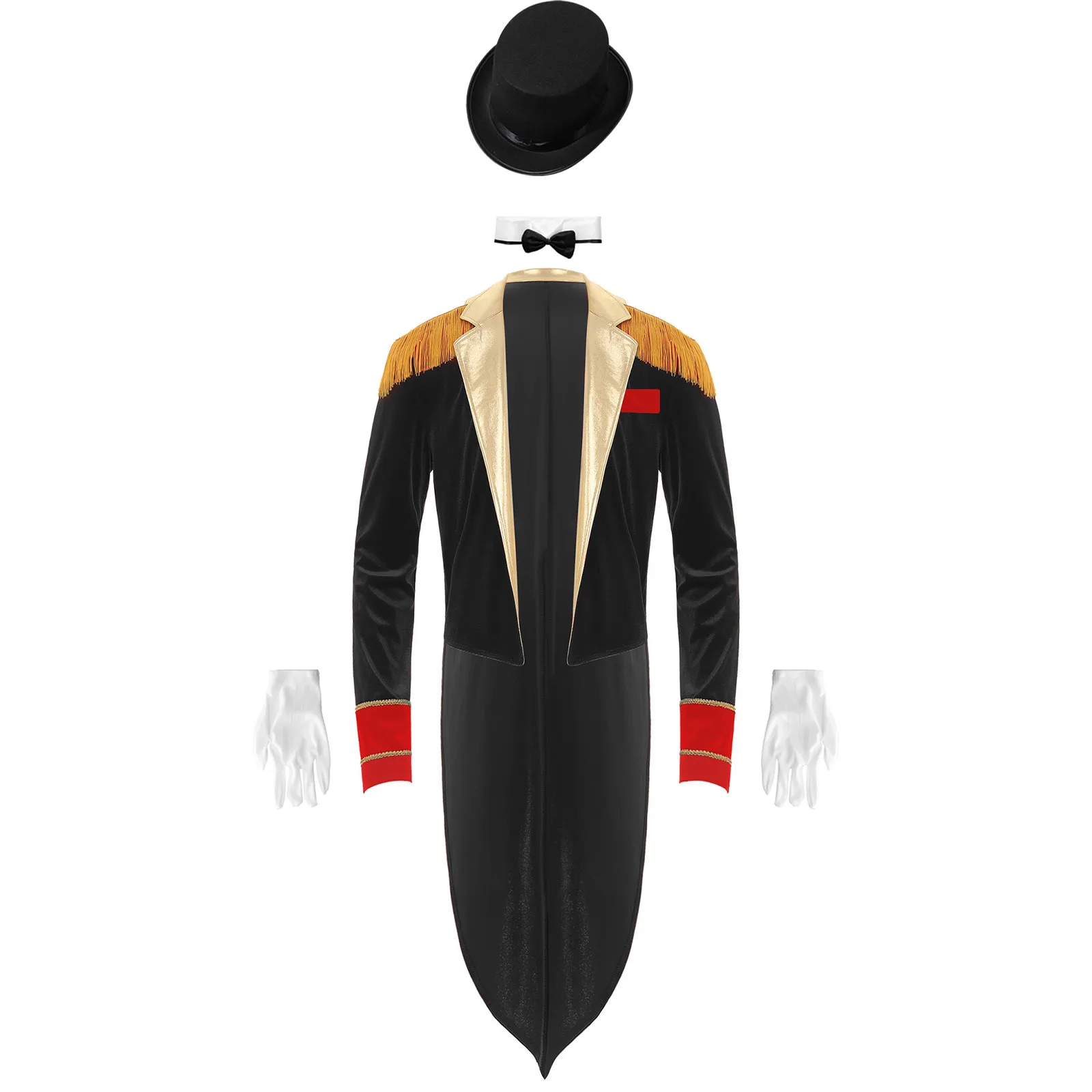 

Men Circus Ringmaster Magician Cosplay Costume Tailcoat with Hat Collar Gloves for Halloween Theme Party Carnival Performance