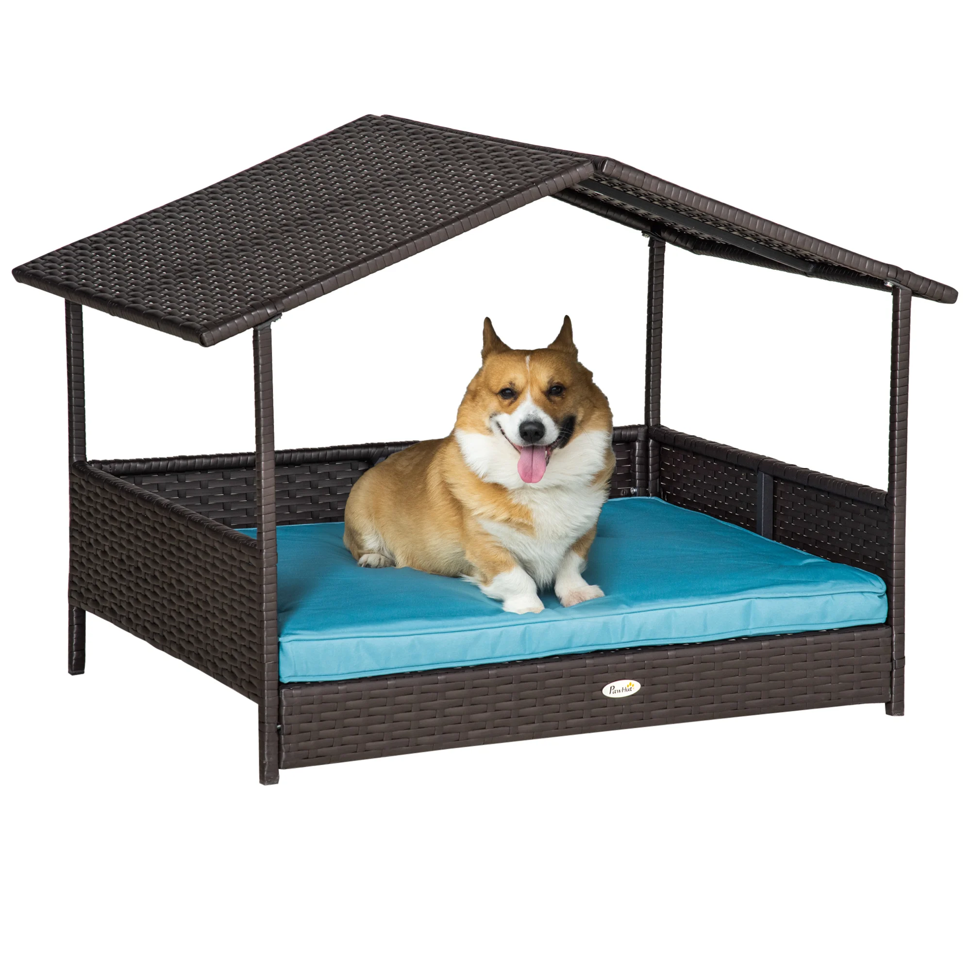 

Wicker Dog House Elevated Raised Rattan Bed for Indoor/Outdoor with Removable Cushion Lounge, Blue