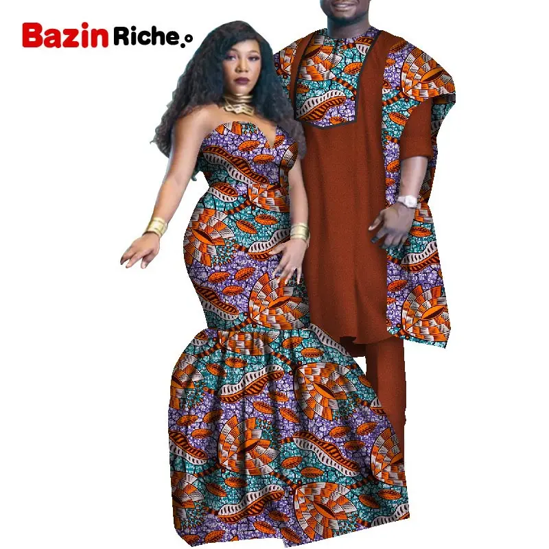 

African Couple Outfits Matching Sets Plus Size Men's Dashiki Agbada Set Lady Dress Pre Wedding Photoshoot Ankara Outfit WYQ669