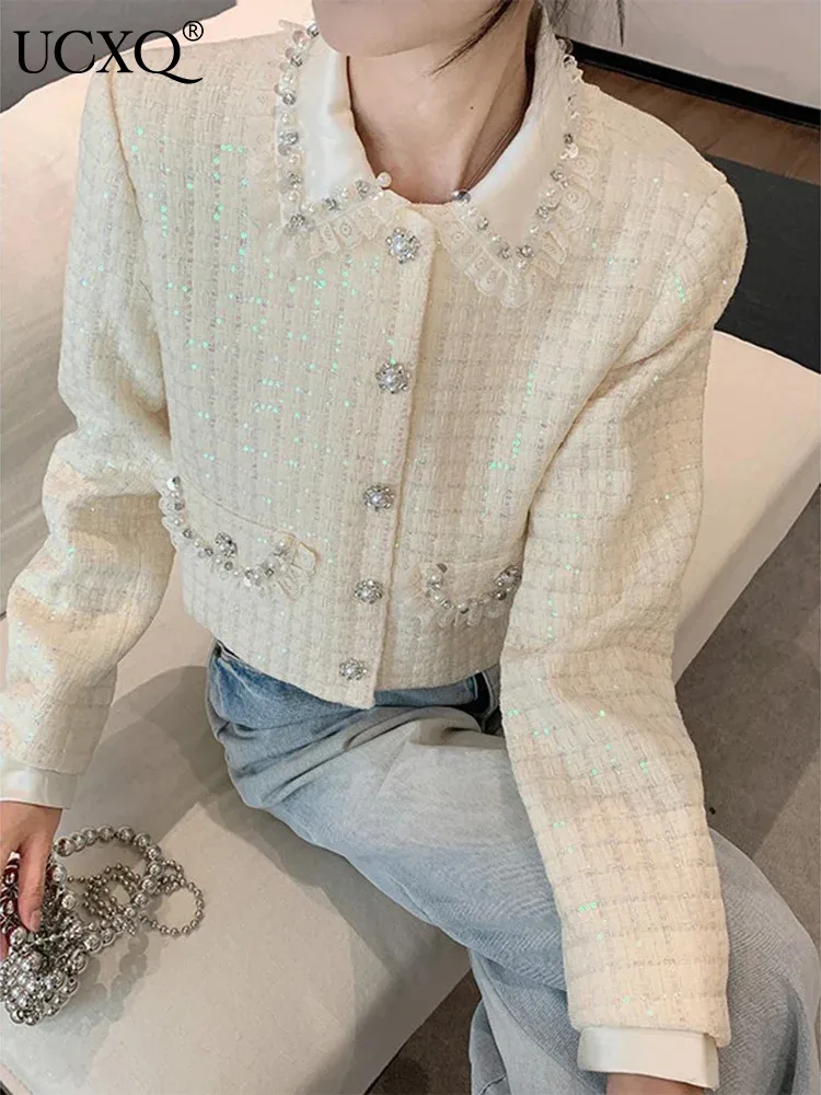 

UCXQ Korean Style Woolen Short Jacket Elegant All Match Patchwork Diamond Doll Neck Cardigan Coat Women 2024 Spring autumn 8084