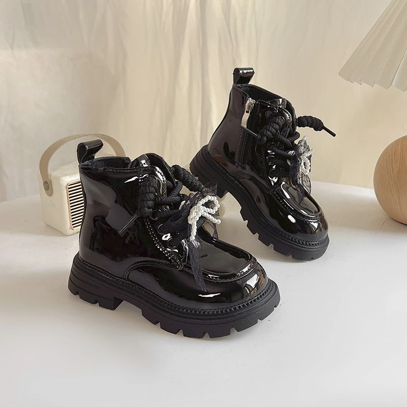 Leather Ankle Boots for Girls with Lace Bow