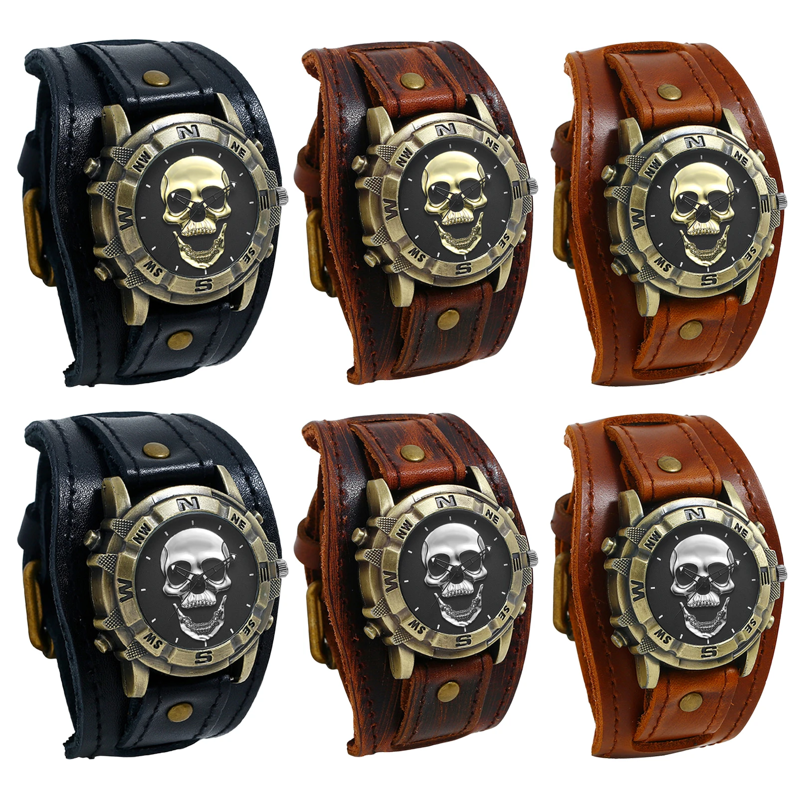 LANCARDO Men's Analog Quartz Watch Halloween Punk Motorcycle Leather Watch Retro Sports Casual Wide Leather Watch Skeleton Decor 5