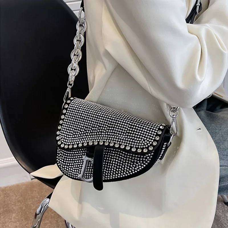 

2024 New For Women Fashion Small Saddle Bags Bright Diamond Luxury Crossbody Ladies Underarm Shoulder Bag Brand Design handbags