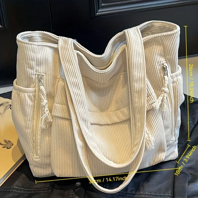 Women Casual Corduroy Shoulder Bag Travel Master Multi Pocket Tote Solid Color