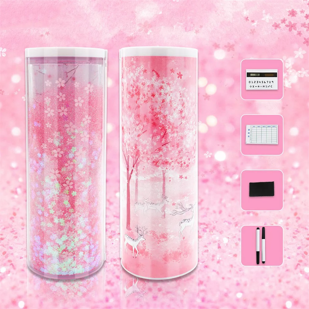 【FUN LIVE】 Multi-Function Pencil Case Large Capacity Pencil Cases Quicksand Translucent Cylindrical Pen Box With Calculator Kids Stationery. 