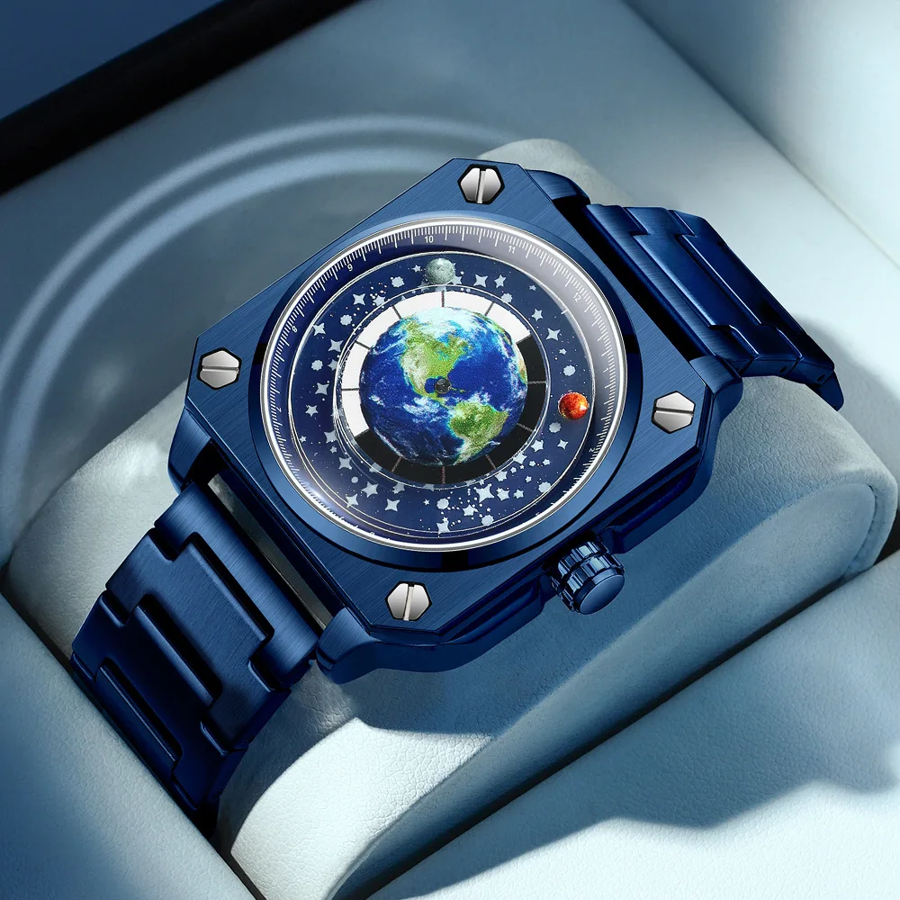 Earth Watch For Men Rotating Earth Dial New Concept Of Creative Wormhole Blue Planet Non Mechanical Pointer Steel Band Men Watch earth 2150 escape from the blue planet pc