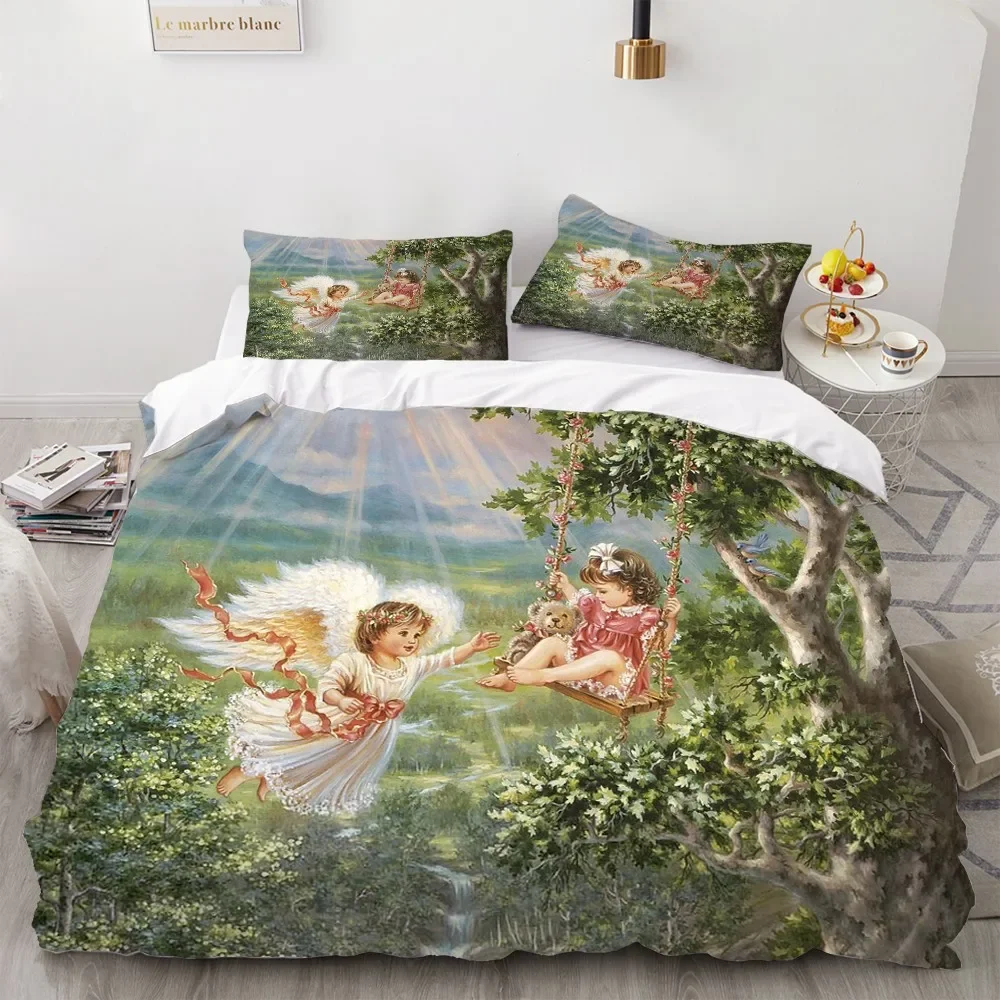 Angel Oil Painting Bedding Set - 2/3 Pieces Cartoon Warm Duvet Cover Kids Bedroom Quilt Cover with Ancient Art Green Theme