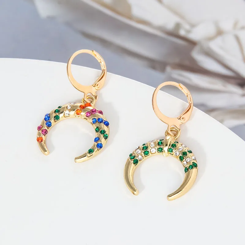 Bohemia Geometric Horns Moon Drop Earrings for Women Fashion Statement Multicolor Crystal Dangle Earrings Huggies for Wedding