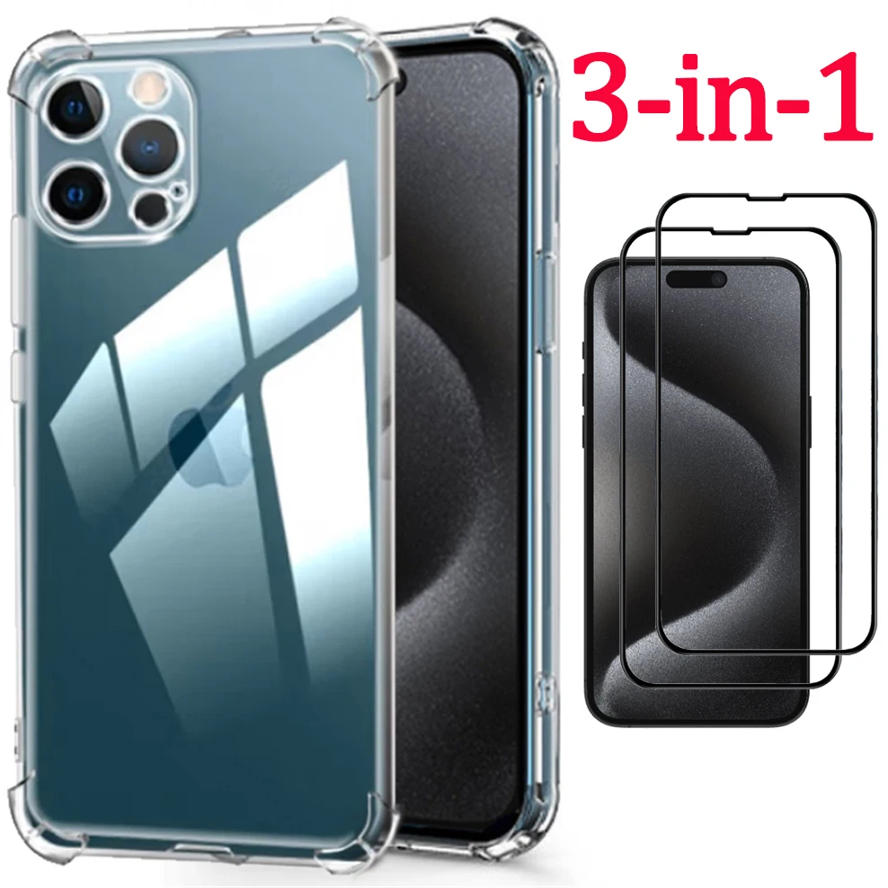 

3-in-1, Airbag Case + Glass for iPhone 15 Plus Soft Clear Shockproof Silicone Phone Cases iPhone15 15Pro Cover iPhone 15 Pro Max