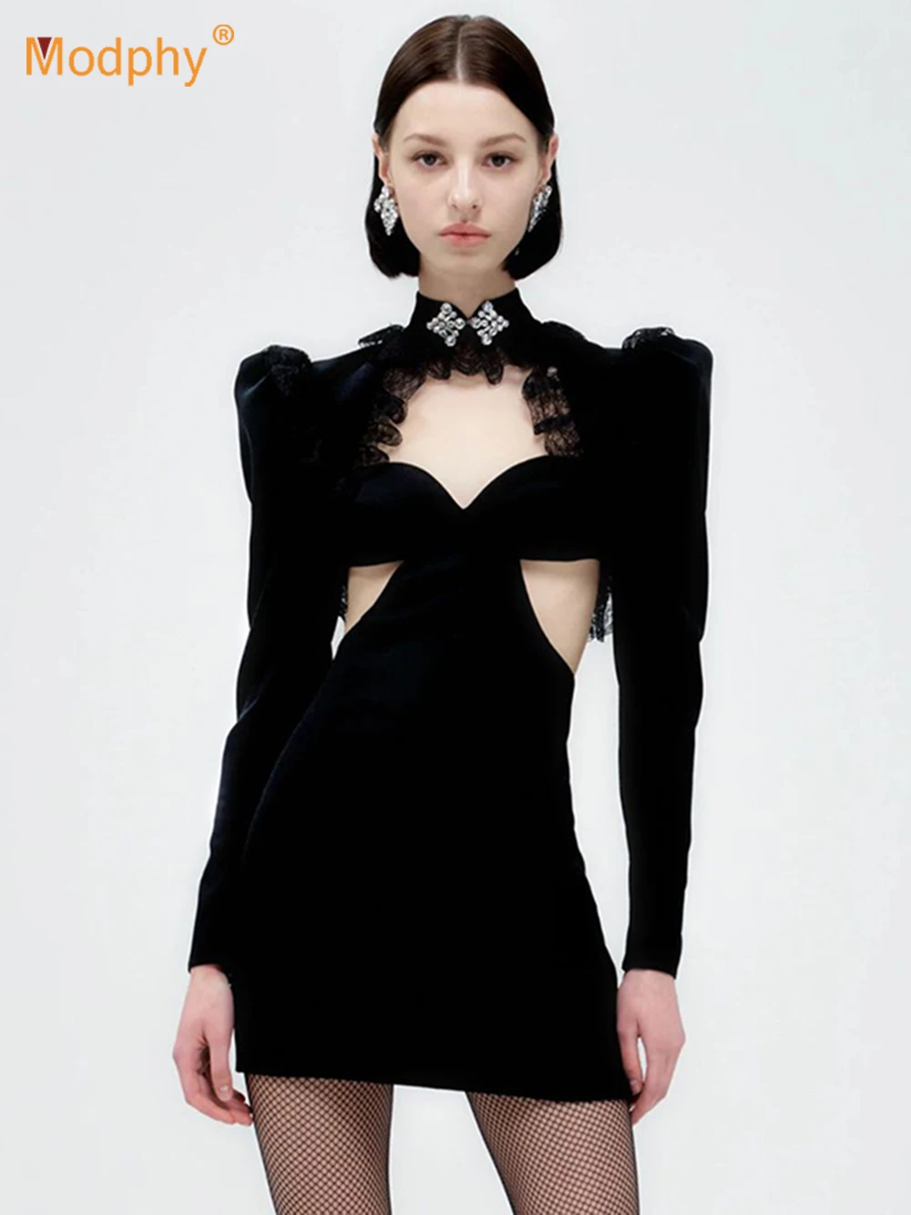 

Modphy 2023 New Black Fashion Lace Cut Out Slim Fit Mini Dress Women Long Sleeve Stand Collar Club Birthday Party Dress Vestidos