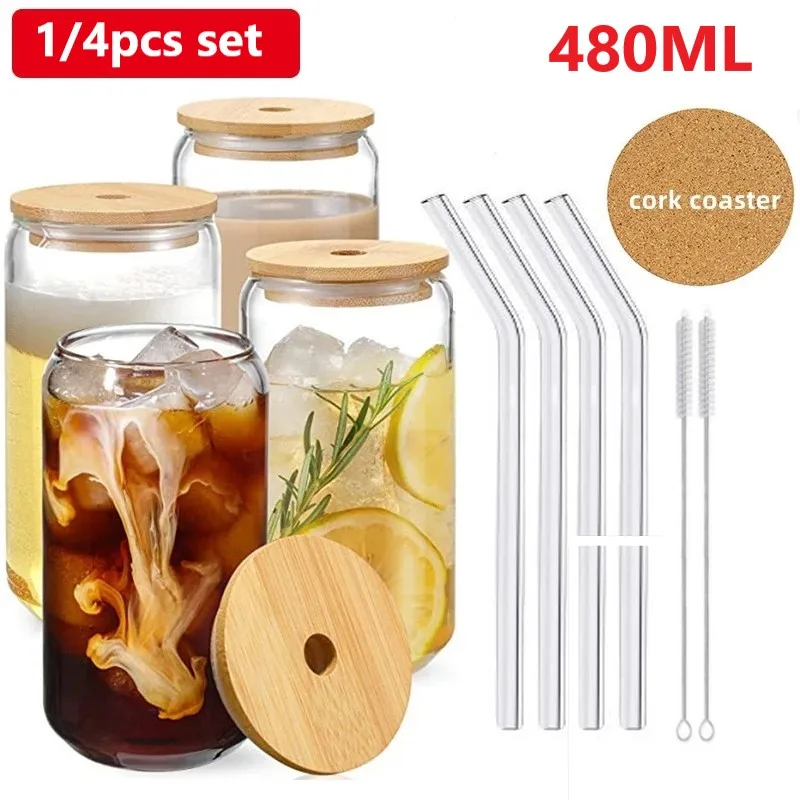 Drinking Glasses with Bamboo Lids and Glass Straw 1/4pcs Set for