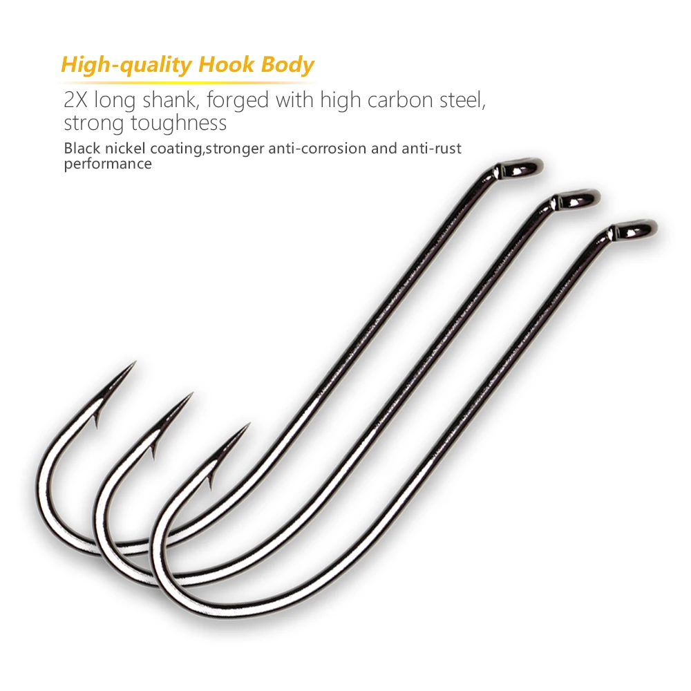 Vtwins 30PCS Black Nickel High Carbon Steel Long Shank Nymph Streamer Dry  Wet Fly Trout Bass Salmon Fly Tying Fishing Hooks