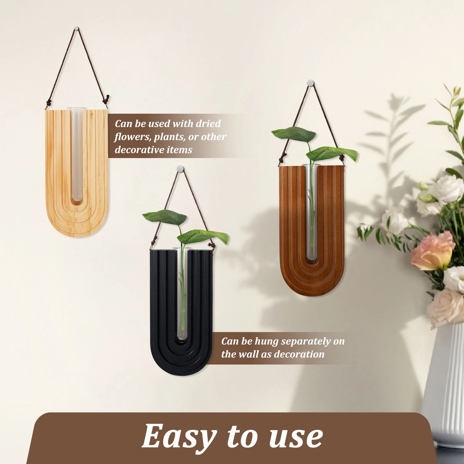 3 Pcs Wooden Flower Vase Elegant Wall Mounted Planter Hydroponic Plant Hanging Vase for Garden Living Room and Home Decoration