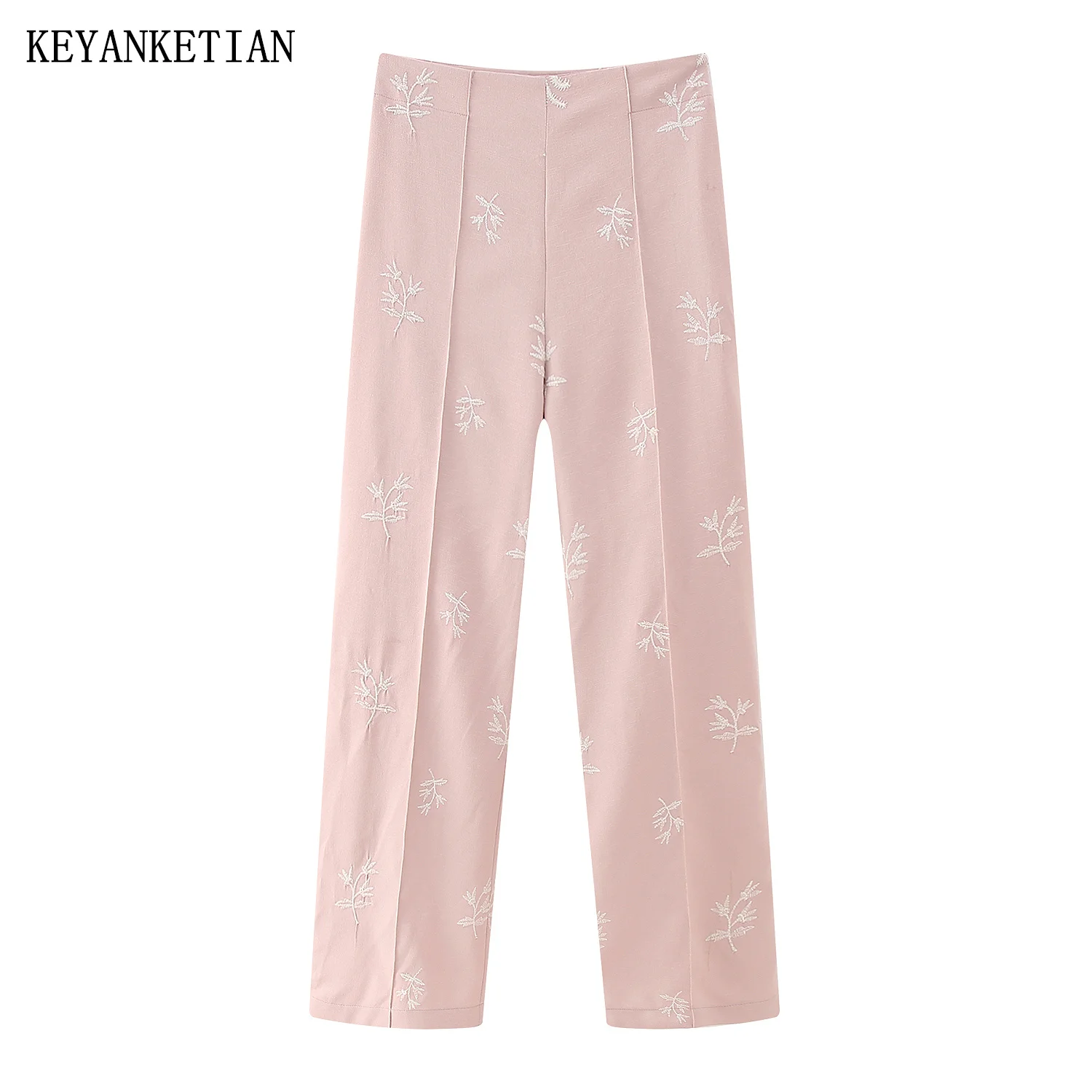 

Весенне-осенние розовые повседневные брюки KEYANKETIAN с цветочной вышивкой, женские прямые брюки из пасторального льна на молнии с высокой талией