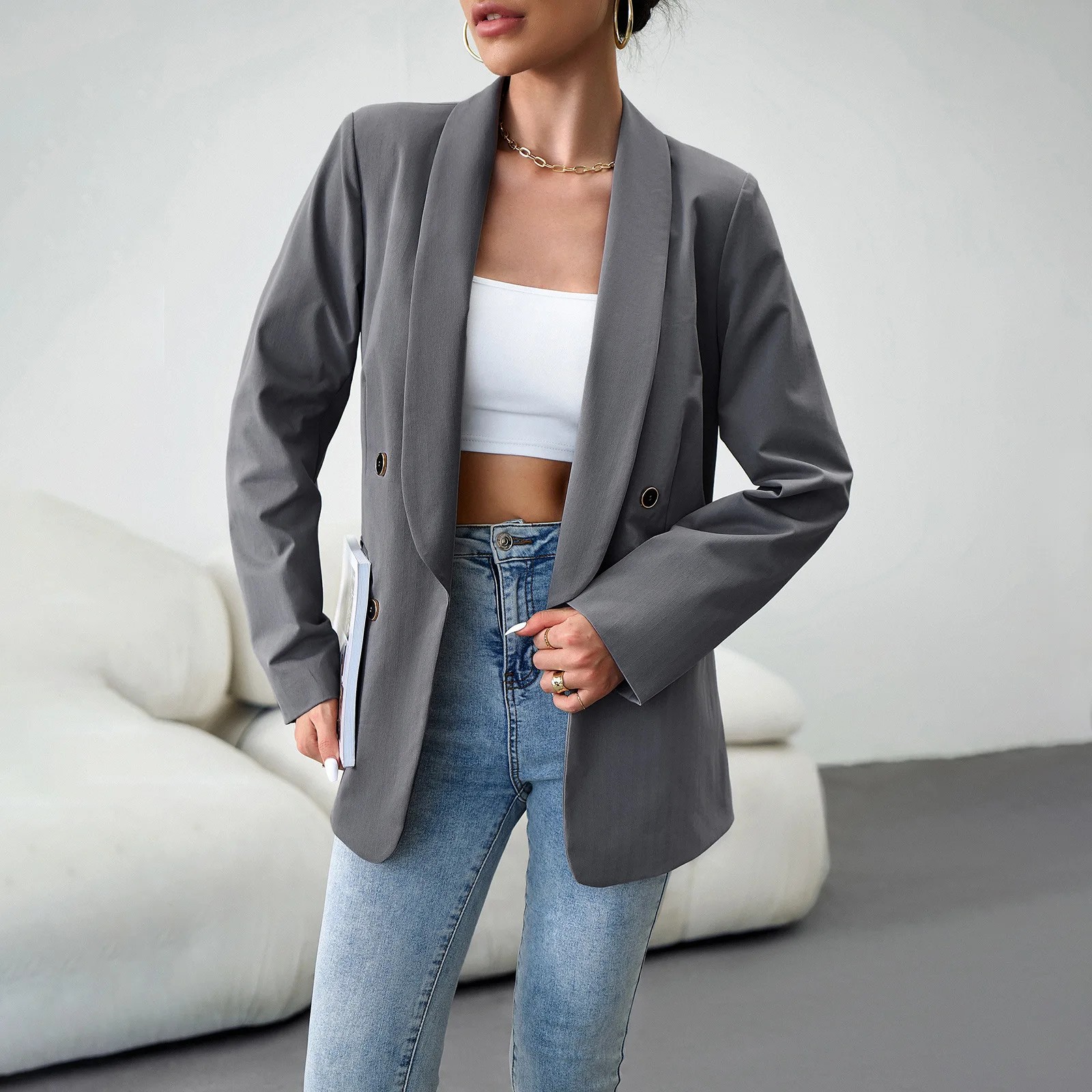 Tesco Solid Color Women Blazer Loose Shawl Lapels Office Lady Coat Double Breasted Full Sleeve Female Clothing blazer mujer
