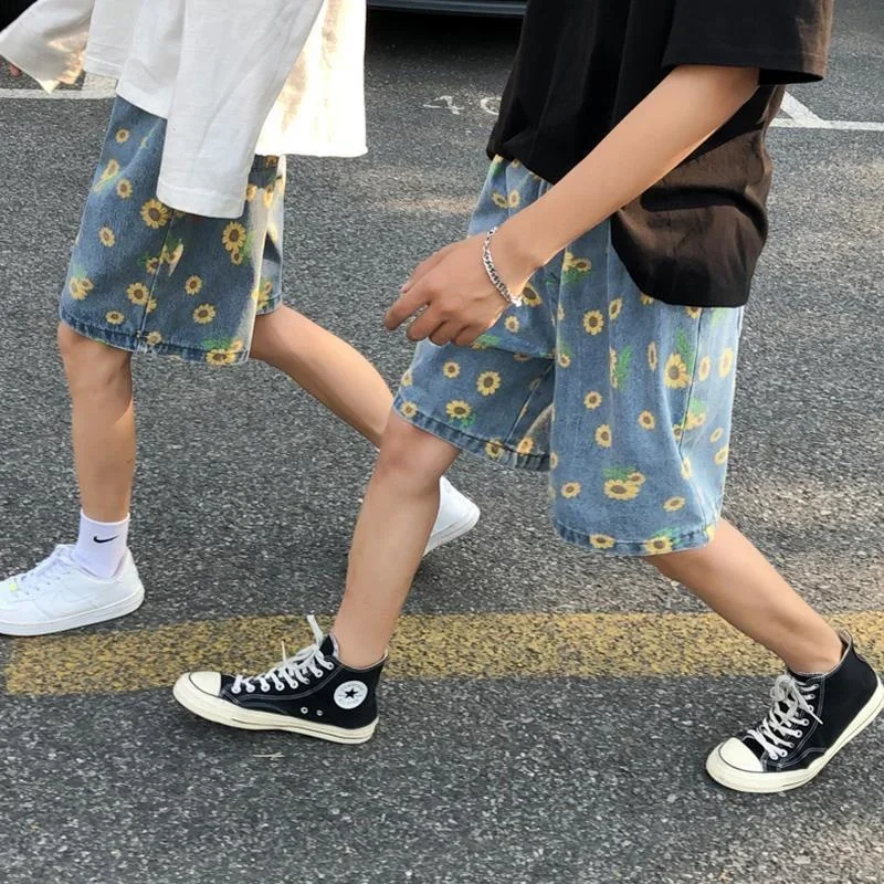 Daisy Denim Shorts Men's Summer High Street Capris Women Techwear Oversize Leisure Beach Pants Unisex Streetwear