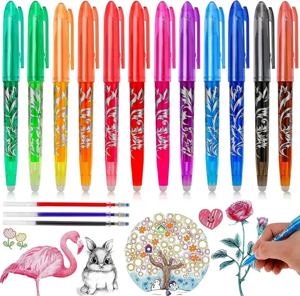 Juego 12 Bolígrafos De Gel Borrables Con Diseños De Animales - Tinta Termosensible 0.7mm, 8 Colores, Regalo Papelería