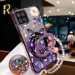 Flower Butterfly Plating Bracelet Holder Phone Case Cover - Galaxy A03S (Purple)