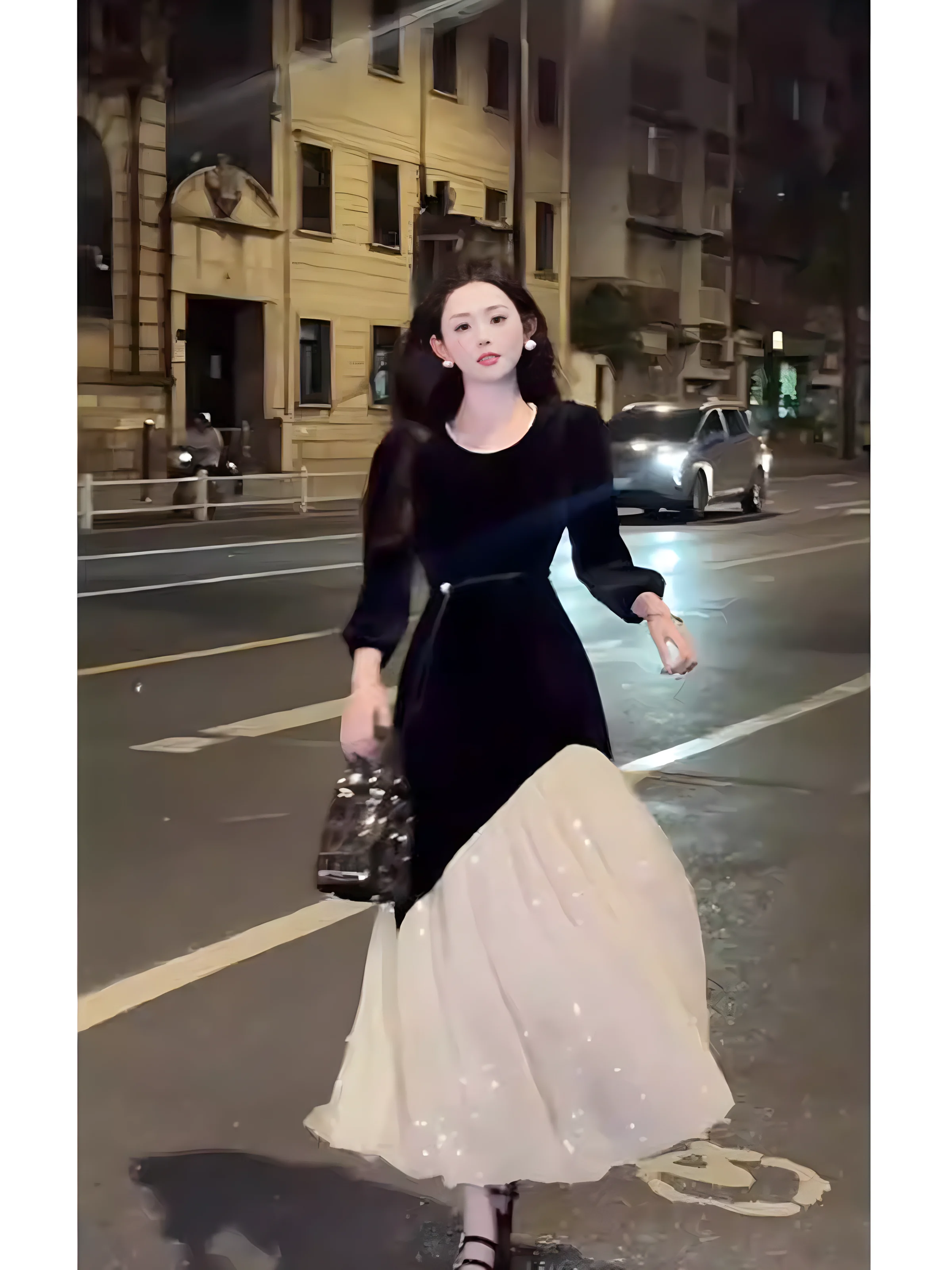 2024 Damen-Herbstkleid mit 7-Punkt-Ärmeln, Tunika-Kleid im koreanischen Stil, französisches elegantes Temperamentkleid, langer Rock aus schwarzem Samt.
