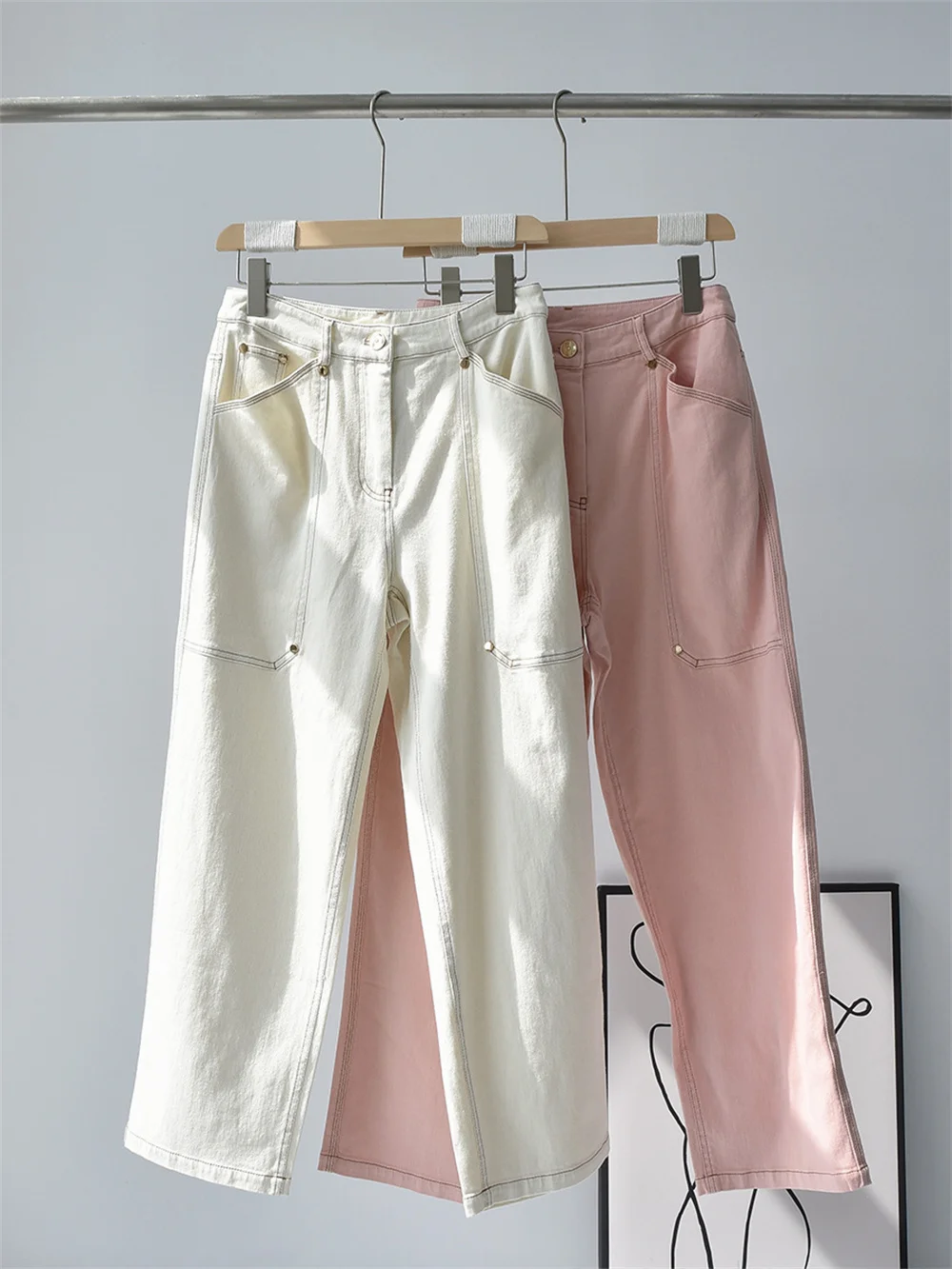 

Women's High Waist Contrast Color Line Stretch Pants Summer 2023 Female Pocket Beaded Chain Solid Color Losoe Straight Trousers