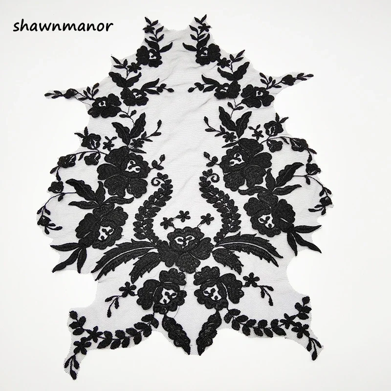 

Large Embroidered Lace Applique Trims, Lace Collar, Wedding Dress Accessories, Off White and Black Color, 45x33cm, 1Pc