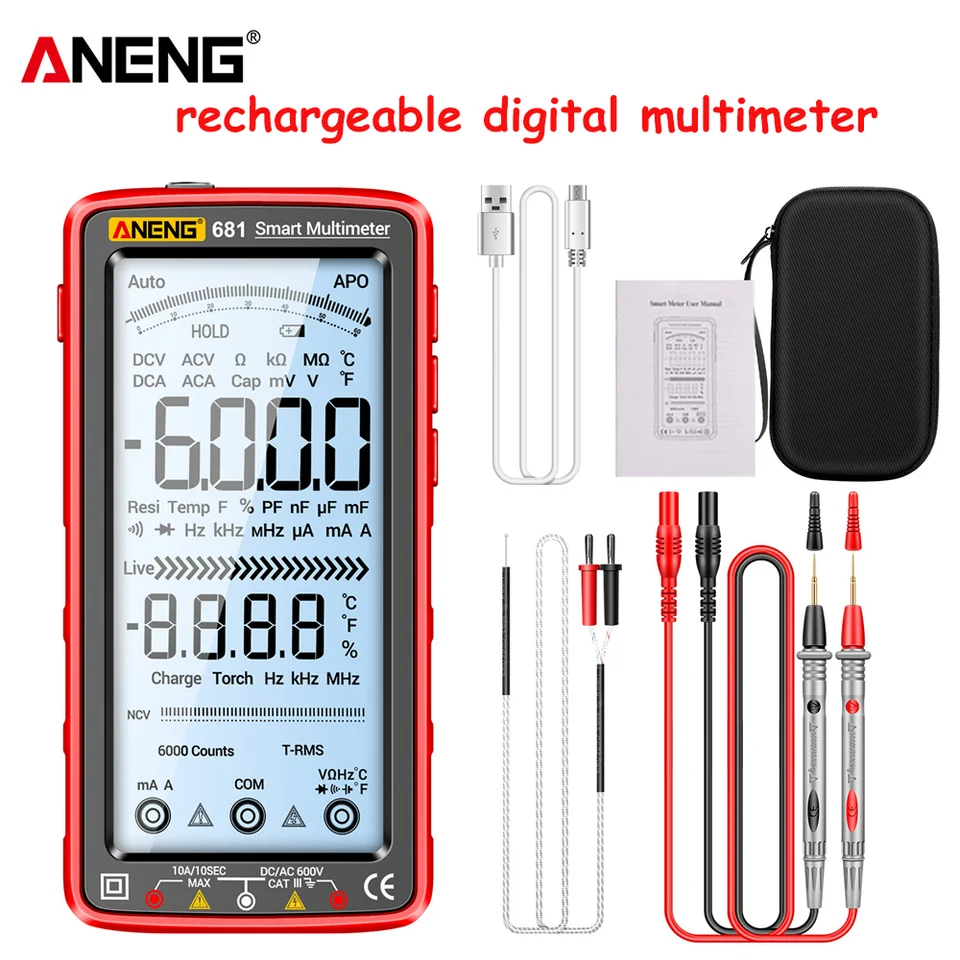 ANENG 681 Smart Anti-burn Rechargeable Multimeter True RMS Multimetr  Voltage Tester Hz Ohm Diode Meter with LCD Screen Sheath