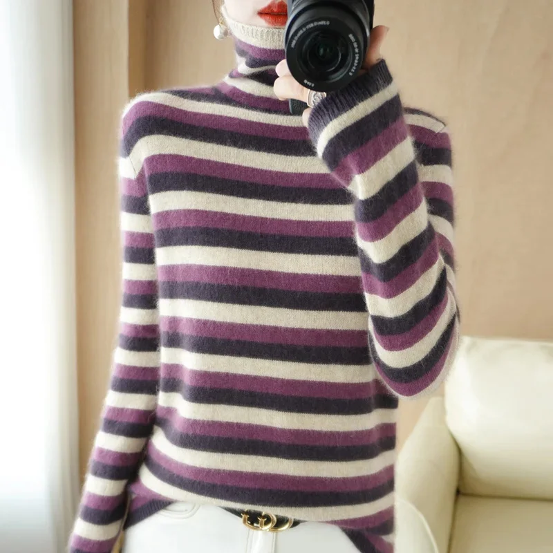 

Autumn Winter New Women Wool Blend Sweater Pile Collar Color Strip Pullover Soft Sweater Loose Casual Knit Base Top