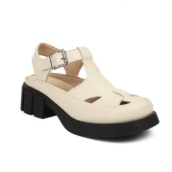 Large Size Low Sandals Woman Leather 2024 Summer Suit Female Beige Round Toe Women’s Shoes Med Big Low-heeled Black Comfort Girl