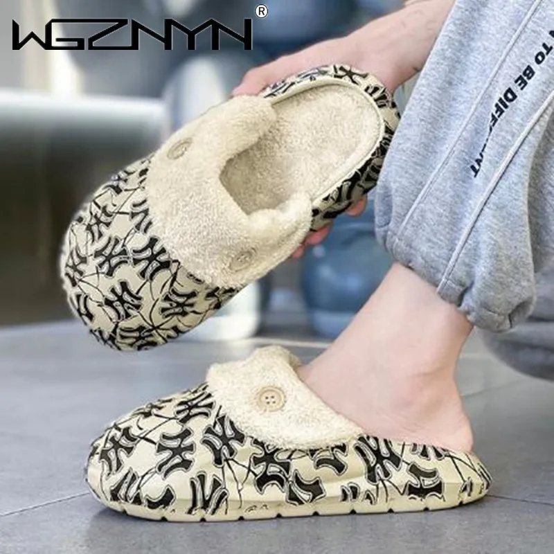 

House Shoe Slide for Man Slippers Winter Home Indoor Black Cotton Flat Slip-on Round Toe Waterproof Comfortable Rubber Footwear