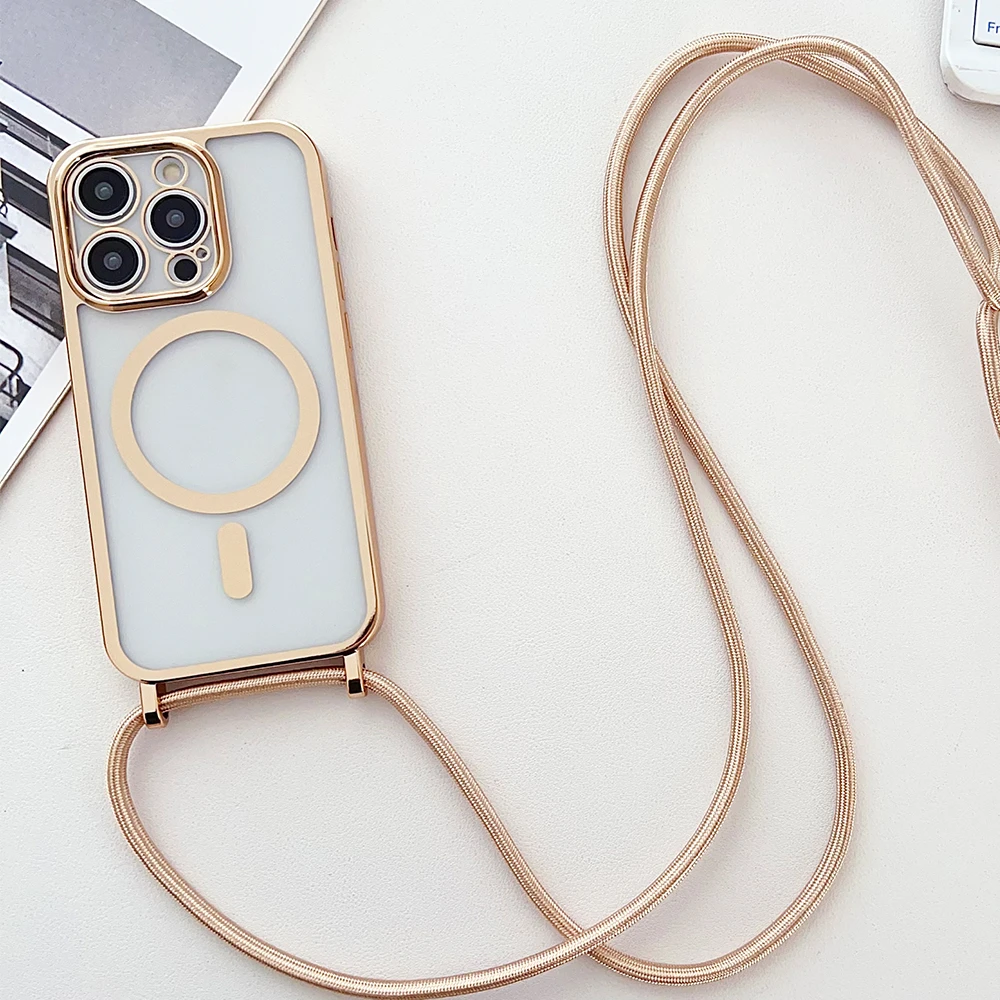 Elegant Magnetic Crossbody Lanyard with Plated Clear Wireless Charging Cover