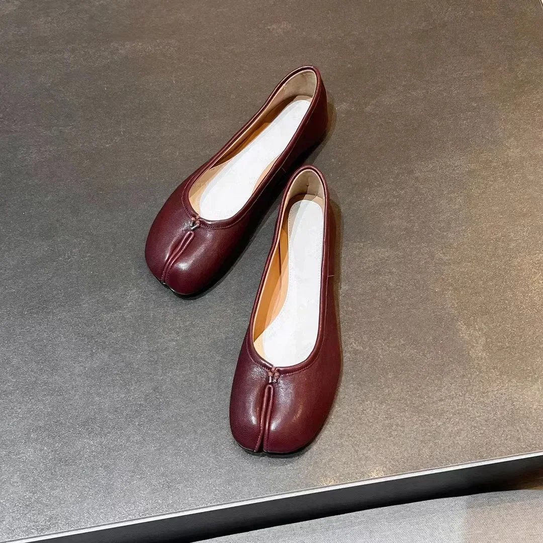 European and American Spring/Summer Split Toe Single Shoes Women's Mid Heel Shallow Mouth Sheepskin Pig Feet Shoes women shoes split toe shoes