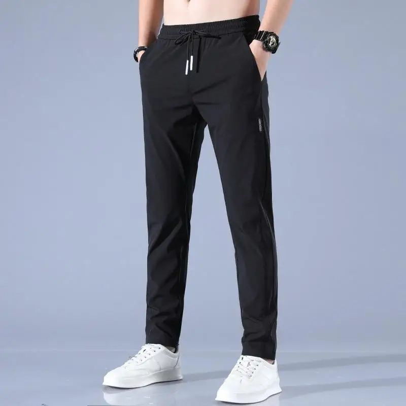 

Summer Men's Casual Pants Thin Soft Elasticity Lace-up Waist Solid Color Pocket Applique Korea Grey Black Work Trousers Male