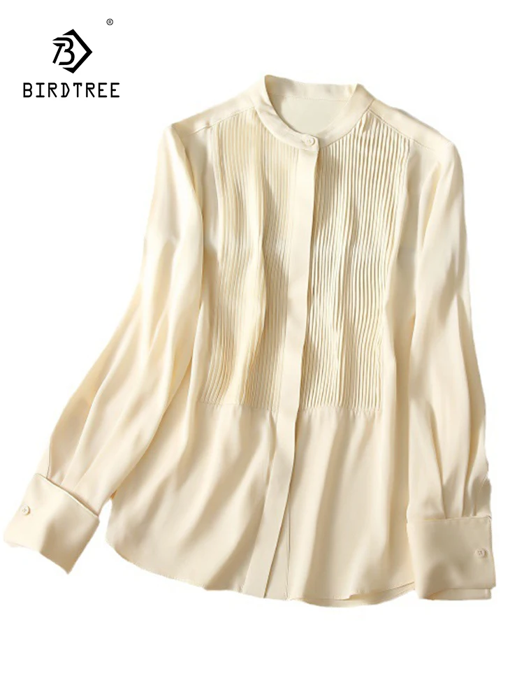 

Birdtree 100%Real Silk 2023 New Early Autumn Multi color Top Women's Long Sleeve Organ Pleated High Section Silk Shirt T38557QC
