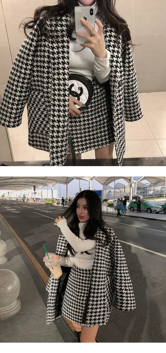 Autumn Winter Plaid Woolen Ladies 2 Piece Set Long Sleeve Suit Coat And High Waist A-line Mini Skirt Outfit - view